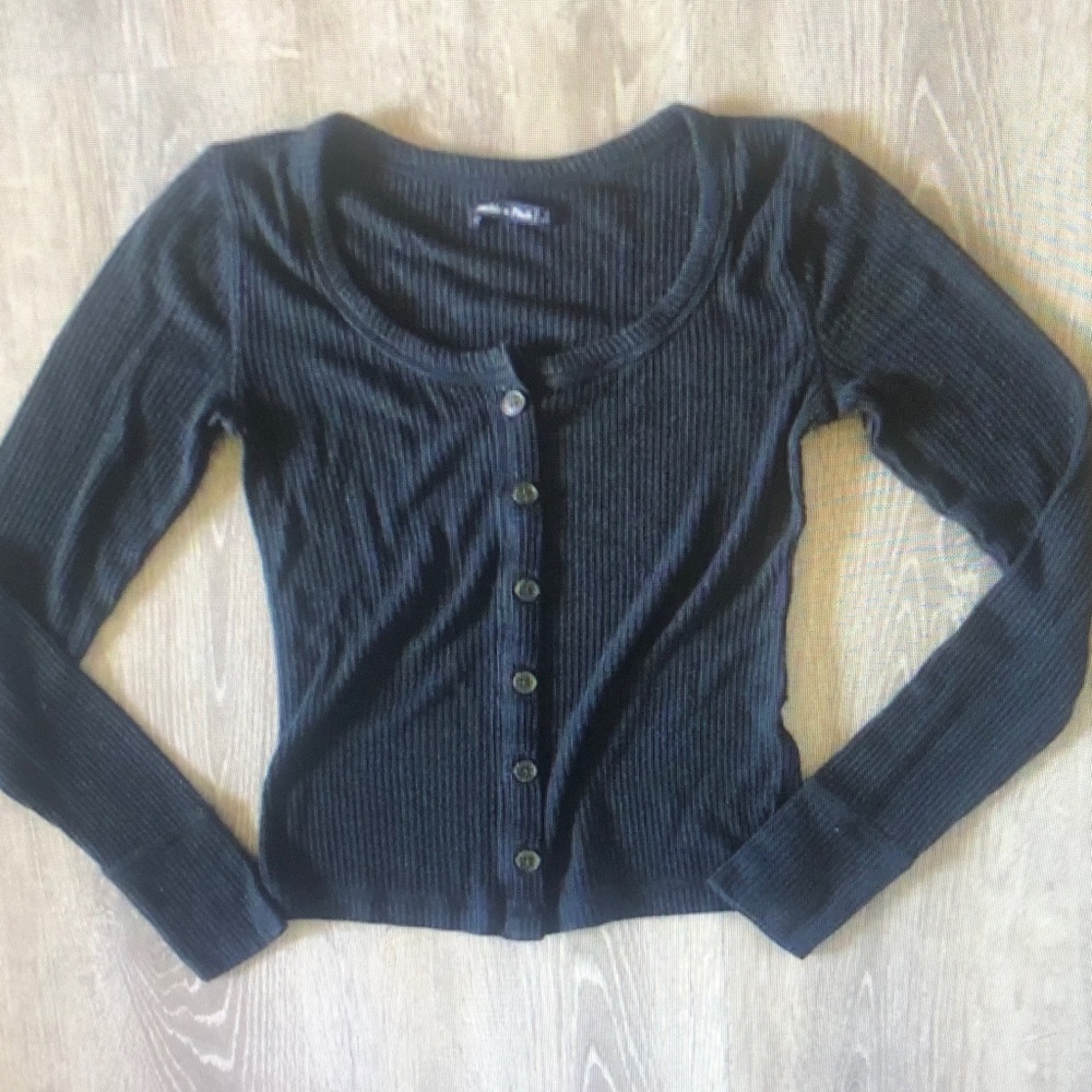 Black Ribbed Button-Up Women's Top